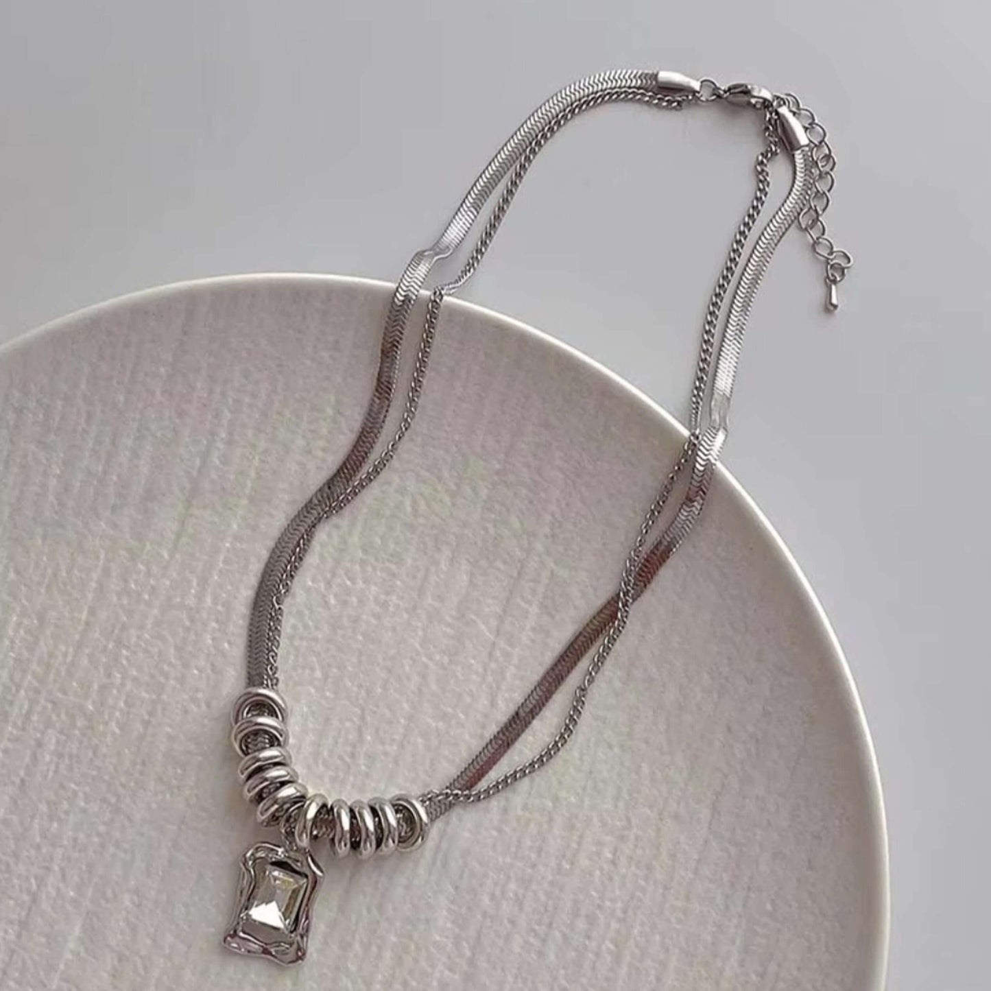 Silver Anti Tarnish Double Layered White AD Stone Neckpiece