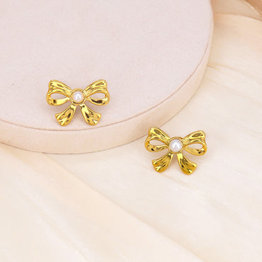 Golden Anti Tarnish Bow with Pearl Earrings