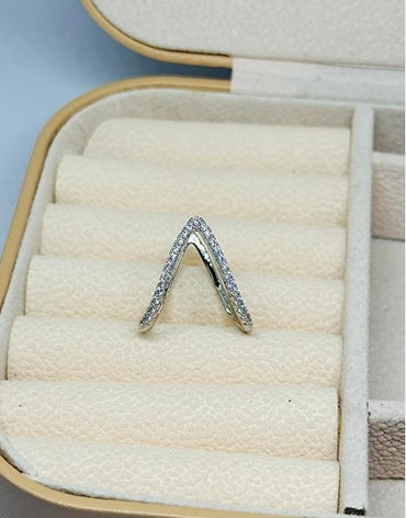 Silver Plated Anti Tarnish Adjustable AD Stone V Ring