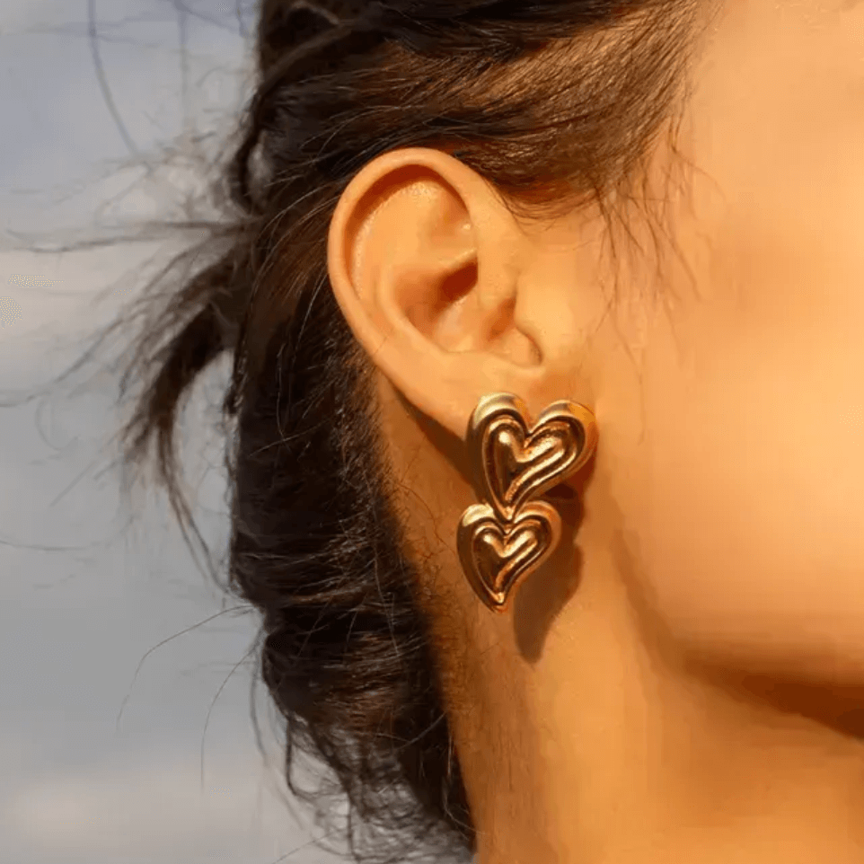 Golden Anti Tarnish Double Heart Earrings