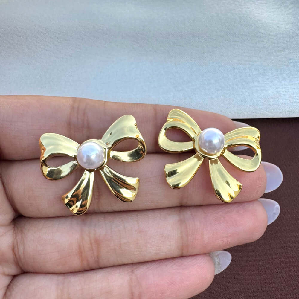 Golden Anti Tarnish Bow with Pearl Earrings