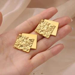 Golden Anti Tarnish Textured Double Square Earrings