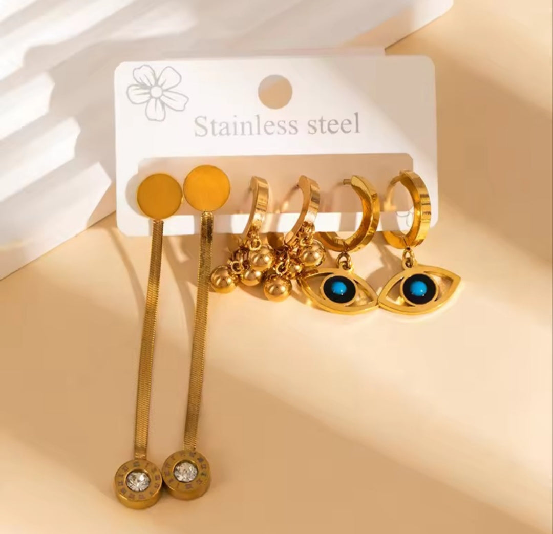 Roman Numeral & evil eye anti tarnish 3 pair earring set