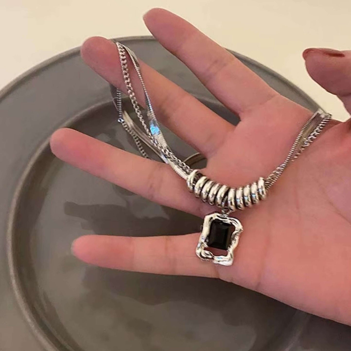 Silver Anti Tarnish Double Layered Black AD Stone Neckpiece