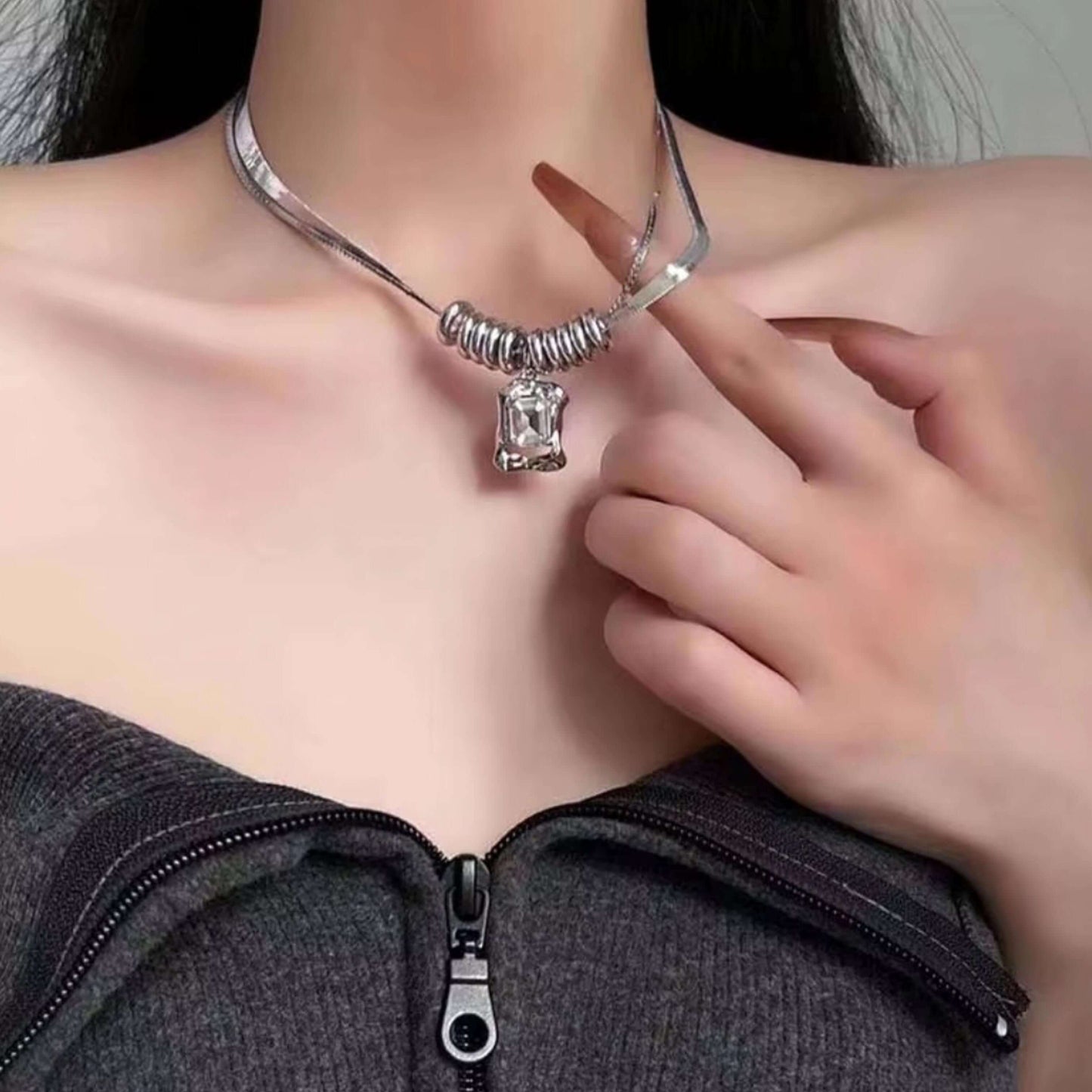 Silver Anti Tarnish Double Layered White AD Stone Neckpiece