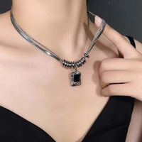 Silver Anti Tarnish Double Layered Black AD Stone Neckpiece