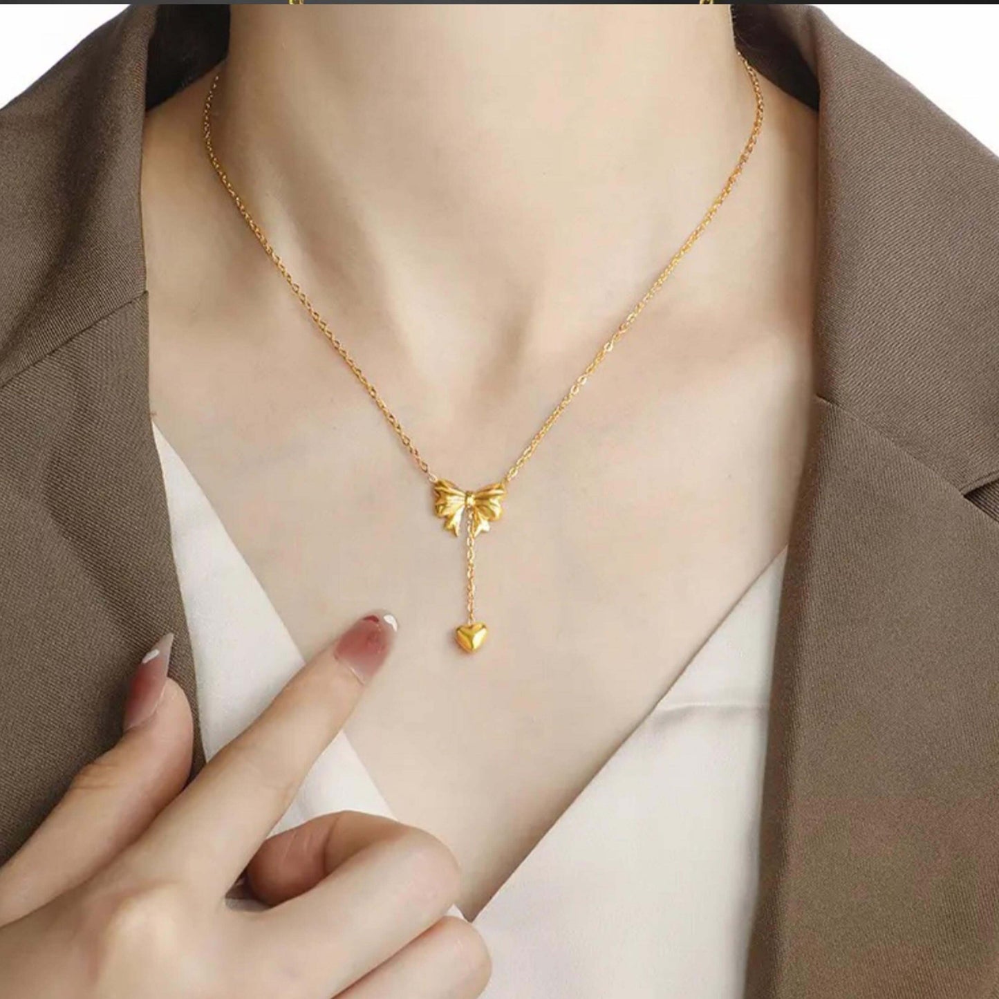 Golden Anti Tarnish Bow Drop Neckpiece