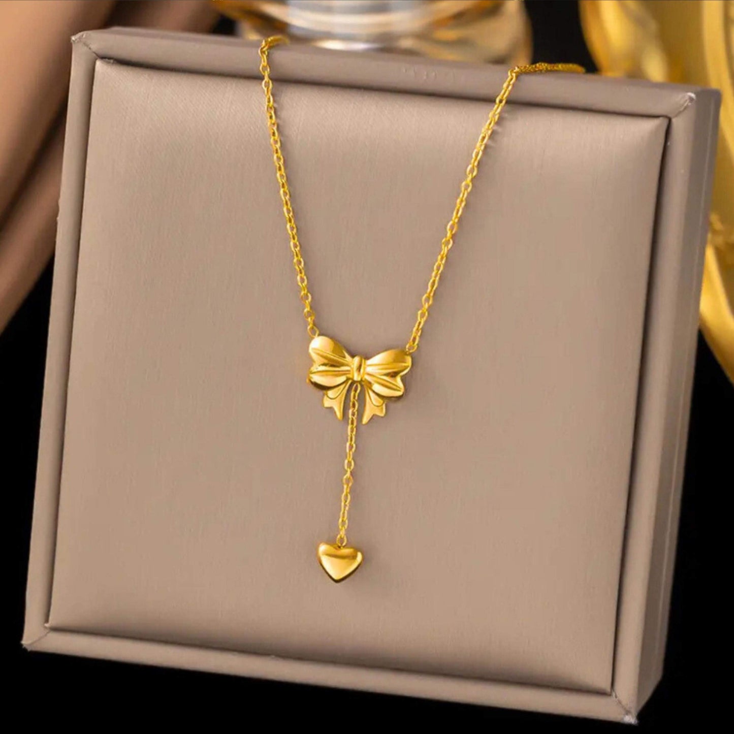 Golden Anti Tarnish Bow Drop Neckpiece