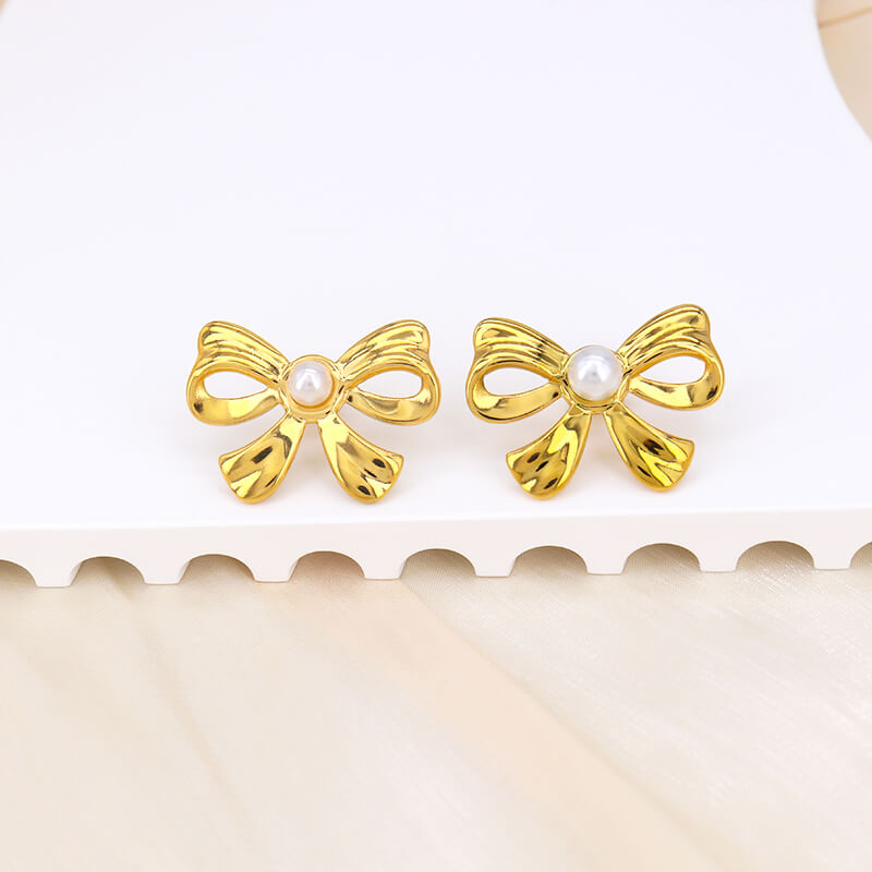 Golden Anti Tarnish Bow with Pearl Earrings