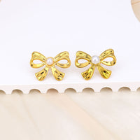 Golden Anti Tarnish Bow with Pearl Earrings