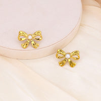 Golden Anti Tarnish Bow with Pearl Earrings