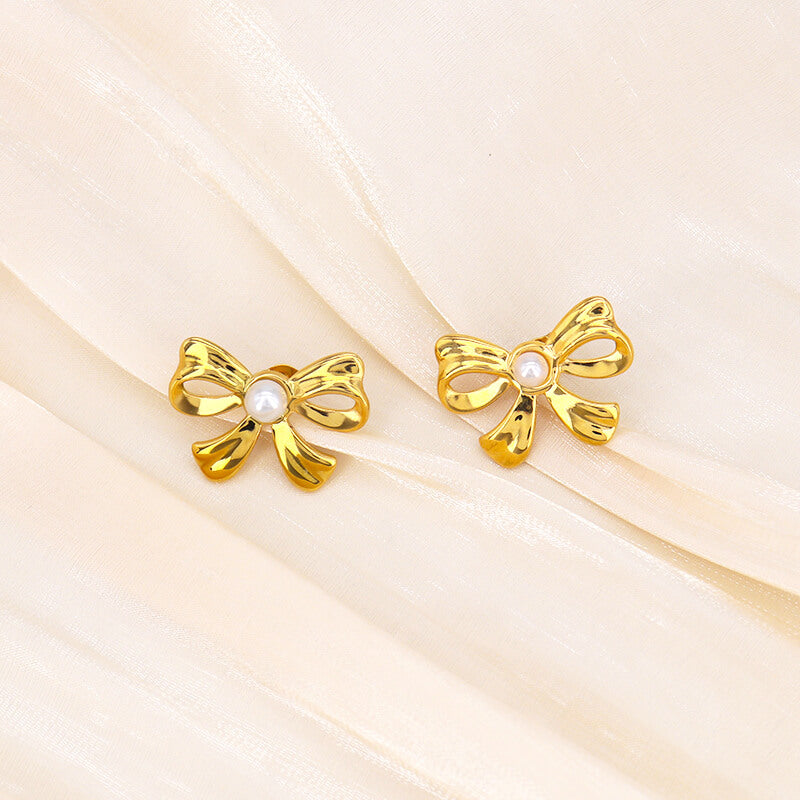 Golden Anti Tarnish Bow with Pearl Earrings