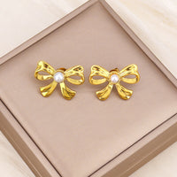 Golden Anti Tarnish Bow with Pearl Earrings