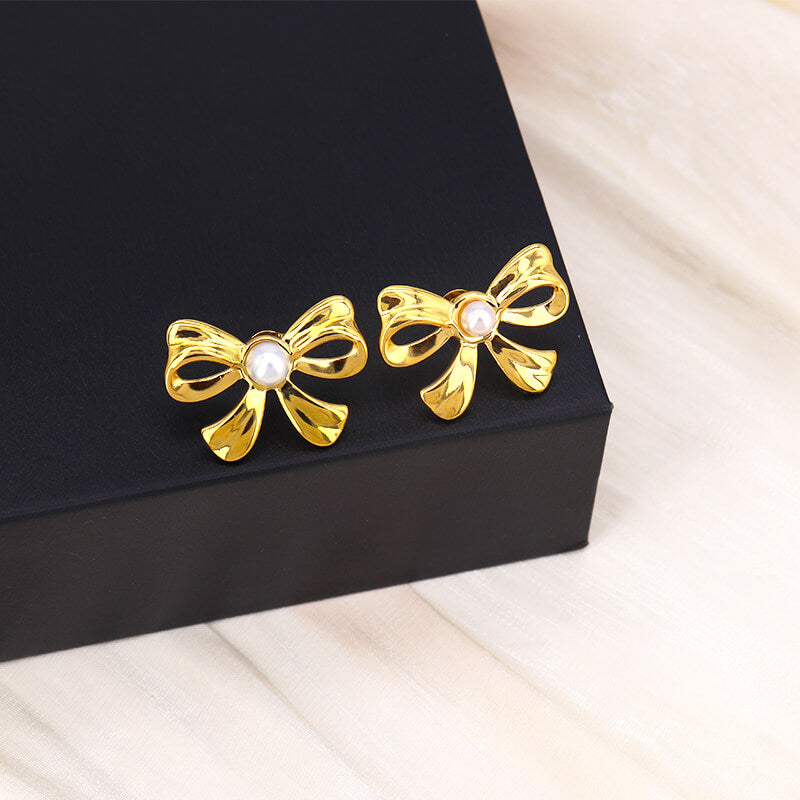 Golden Anti Tarnish Bow with Pearl Earrings
