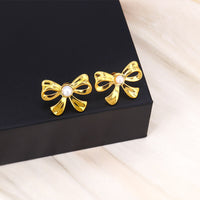 Golden Anti Tarnish Bow with Pearl Earrings