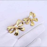 Golden Anti Tarnish Bow with Pearl Earrings