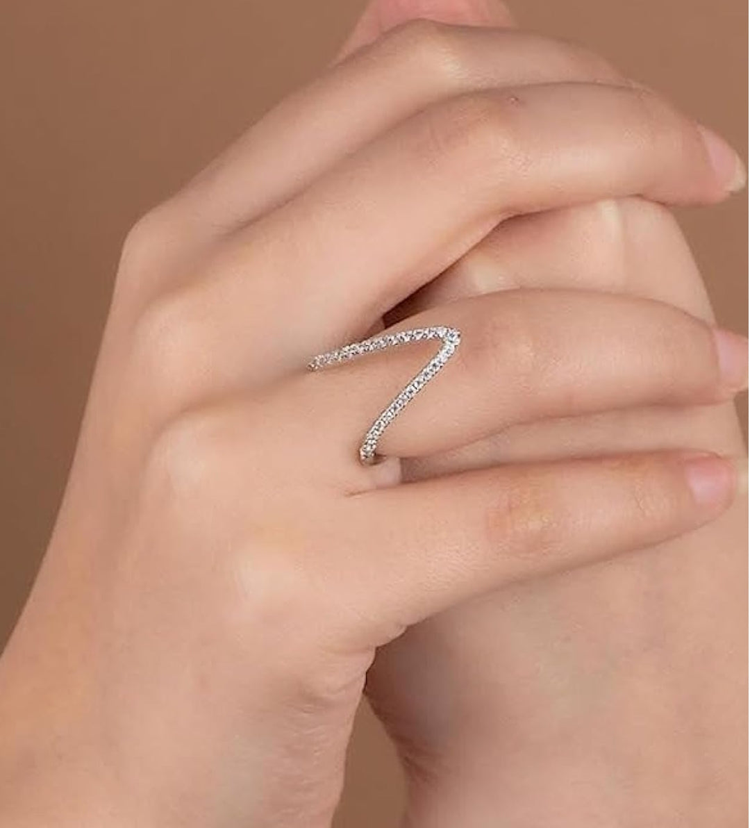 Silver Plated Anti Tarnish Adjustable AD Stone V Ring