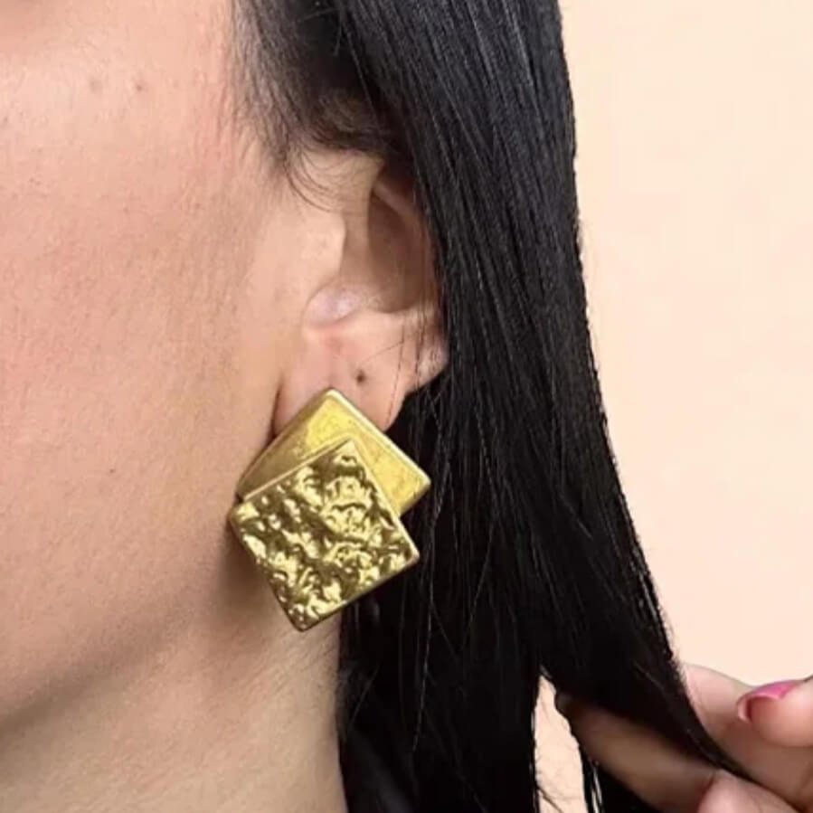 Golden Anti Tarnish Textured Double Square Earrings