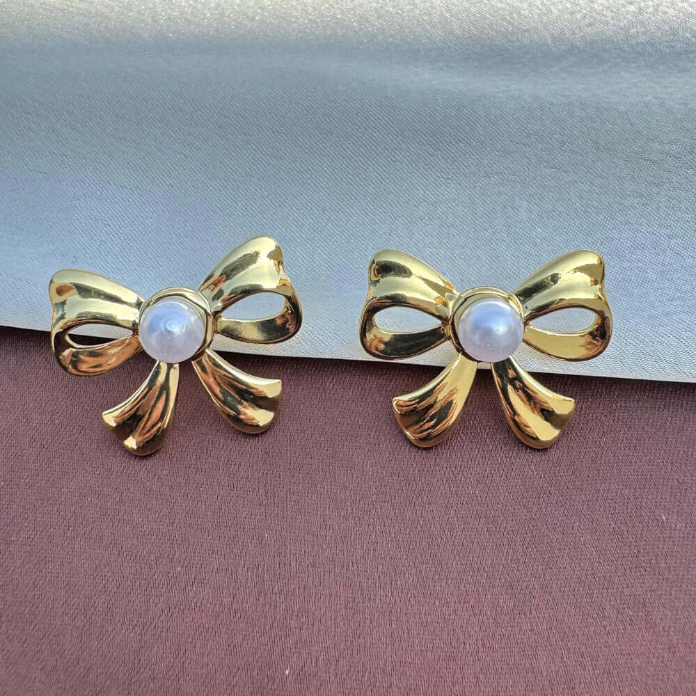 Golden Anti Tarnish Bow with Pearl Earrings