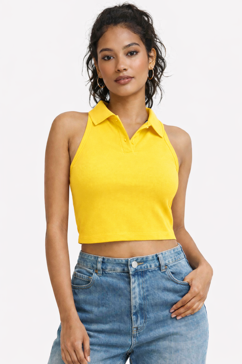 FO Sleeveless Polo Neck Crop Top