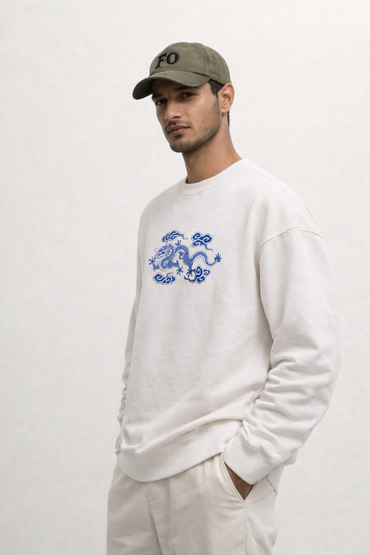 Azure Dragon Drop Shoulder Sweatshirt - White