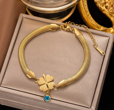 Gold Anti Tarnish Evil Eye Clover Snale Chain Bracelet