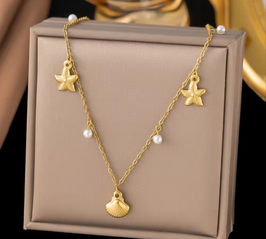 Sea Shell & Star Fish Anti Tarnish Pearl Neckpiece