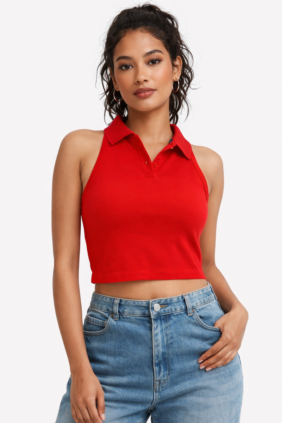 FO Sleeveless Polo Neck Crop Top