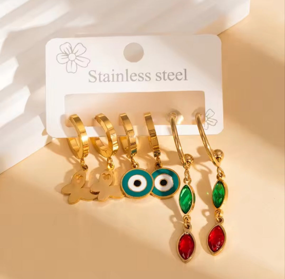 Butterfly, evil eye & green stone drop anti tarnish earrings (3 pairs)