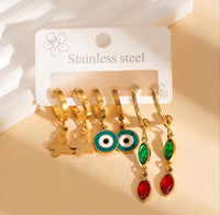 Butterfly, evil eye & green stone drop anti tarnish earrings (3 pairs)